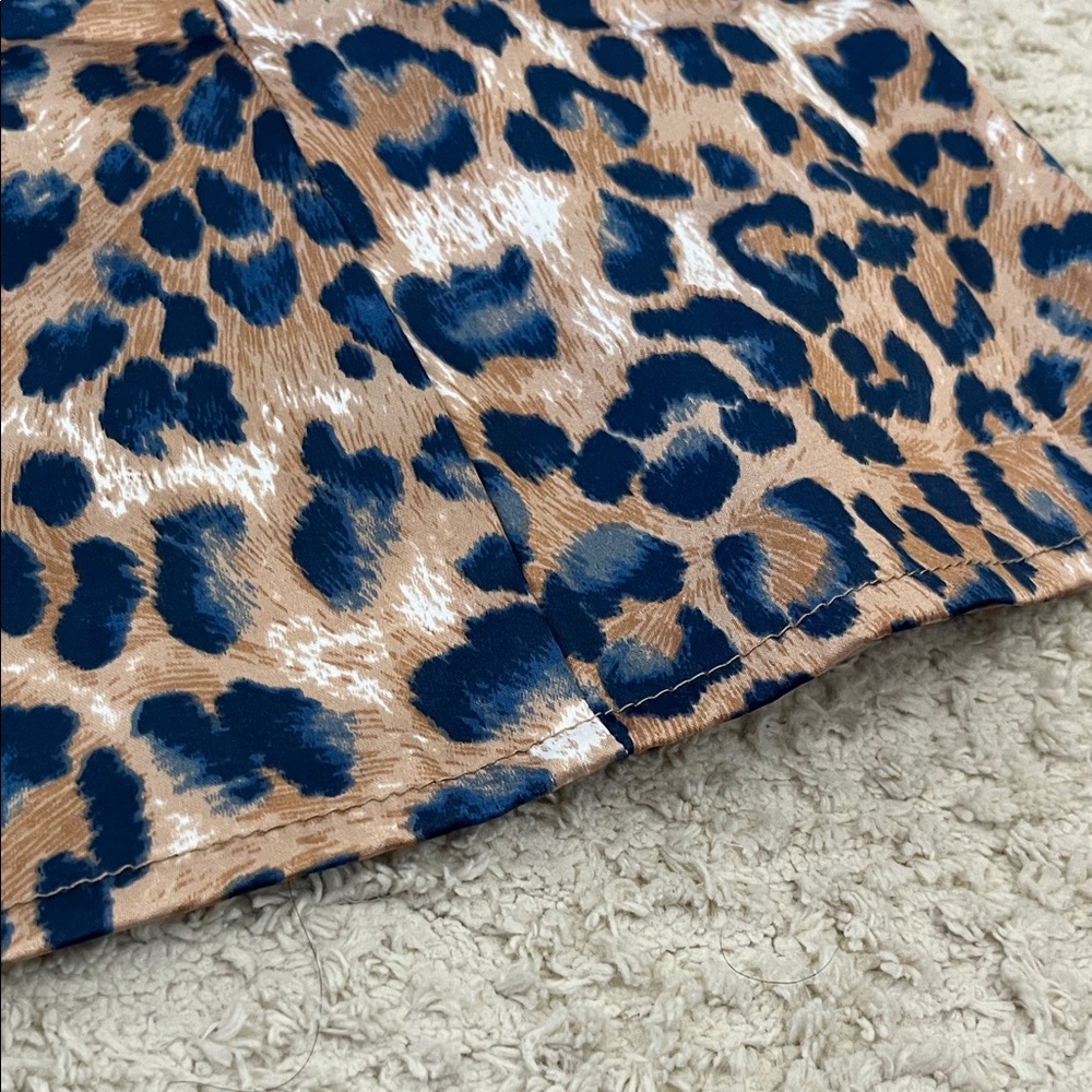 Lulu's Satin Tan and Navy Blue Leopard Print Midi A-line Skirt - Picture 8 of 9